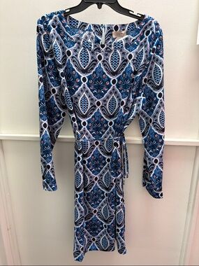LOFT Blue and White Long-Sleeve Tie-Waist Dress